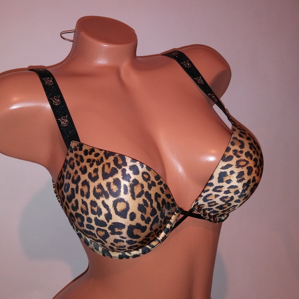 Victoria Secret Bra 34C Bombshell Push Up Shine Strap Leopard Animal Print New